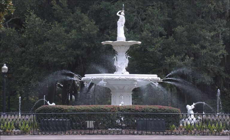 Parco urbano con alberi e fontana in un quartiere residenziale verde
